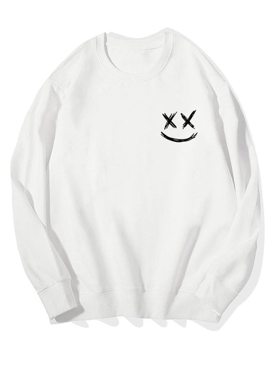 Herren Smiley Print Sweatshirt – Relaxed Fit Crew Neck Streetwear - Weiß