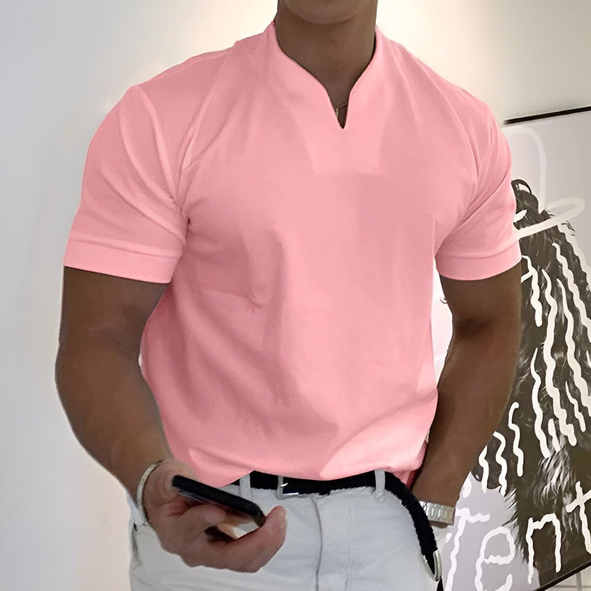 Herren Sport T-Shirt mit V-Ausschnitt und Stehkragen - rosa