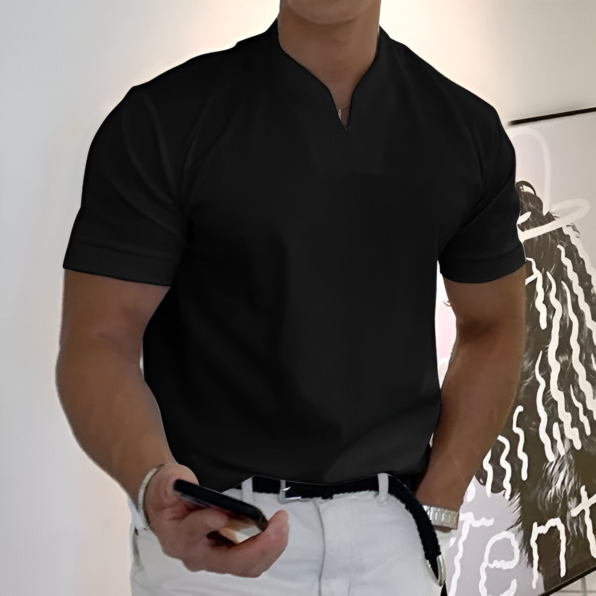Herren Sport T-Shirt mit V-Ausschnitt und Stehkragen - schwarz