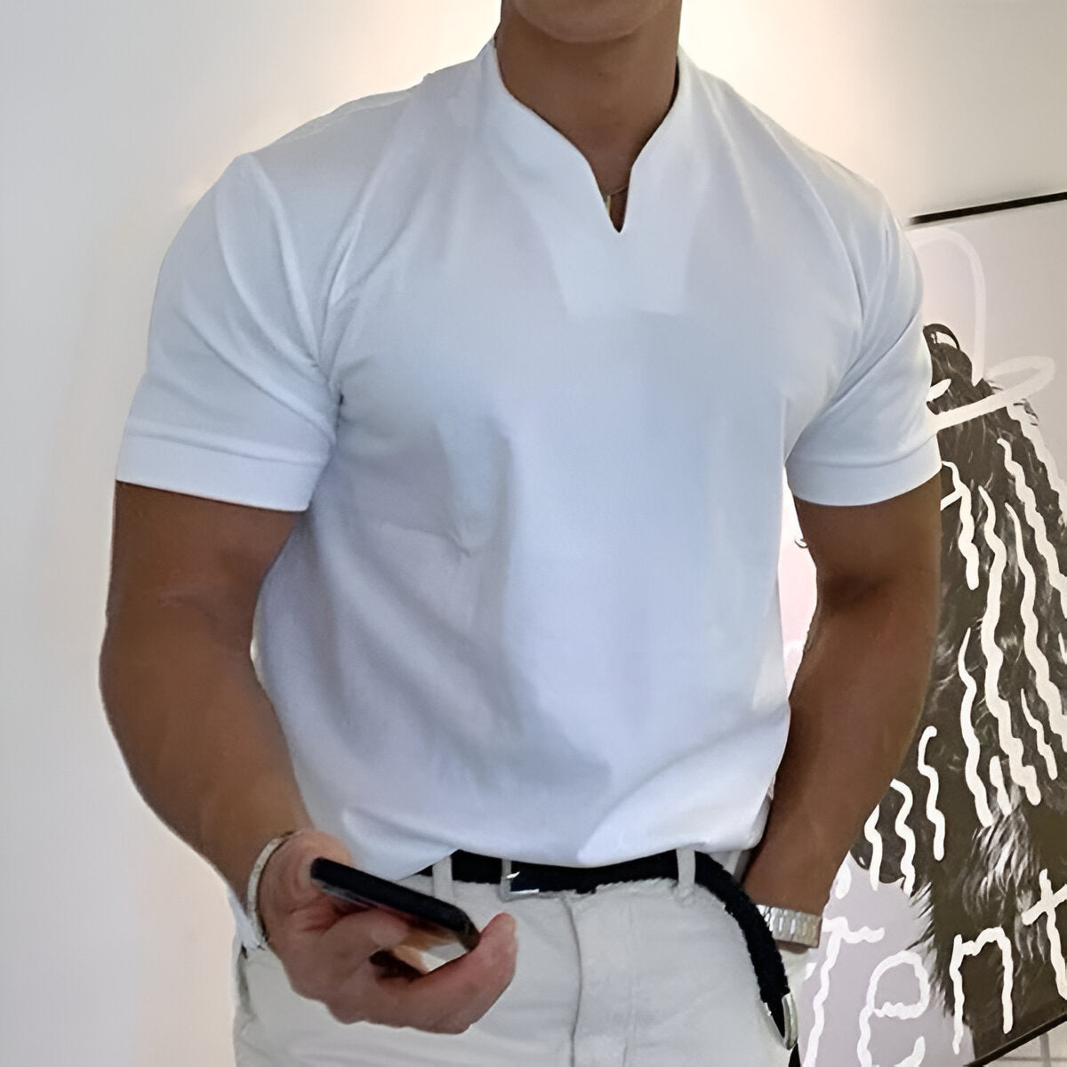 Herren Sport T-Shirt mit V-Ausschnitt und Stehkragen - weiß
