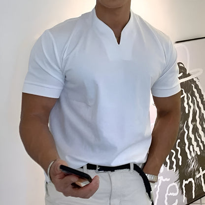 Herren Sport T-Shirt mit V-Ausschnitt und Stehkragen - weiß