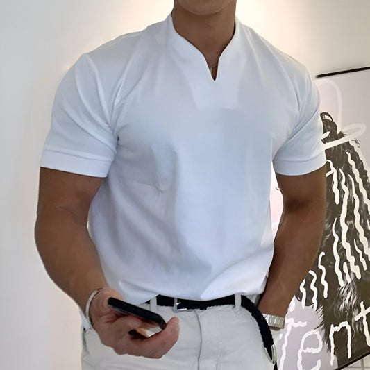 Herren Sport T-Shirt mit V-Ausschnitt und Stehkragen - weiß