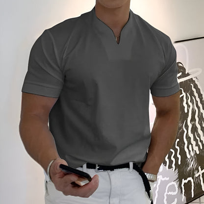 Herren Sport T-Shirt mit V-Ausschnitt und Stehkragen - grau