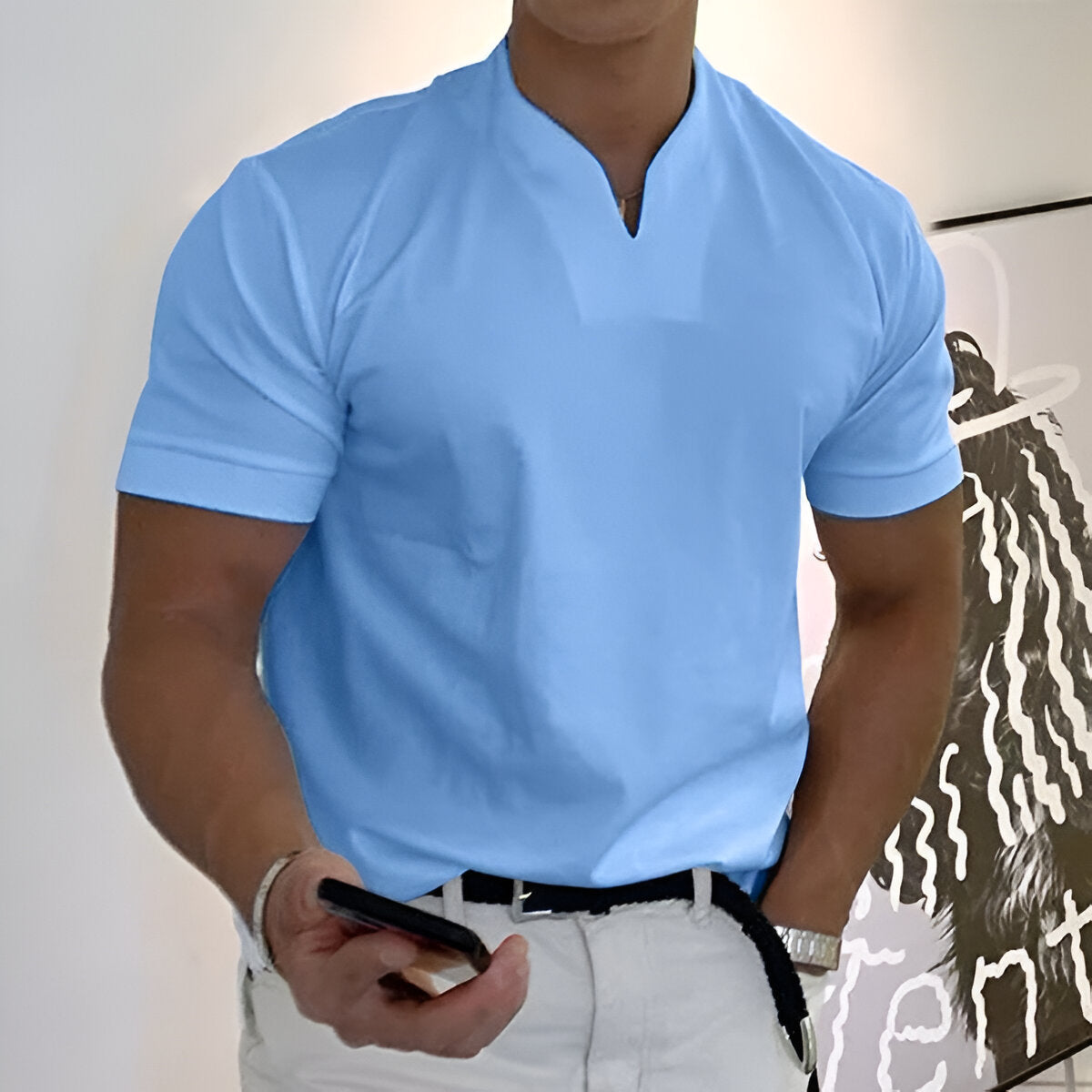 Herren Sport T-Shirt mit V-Ausschnitt und Stehkragen - blau
