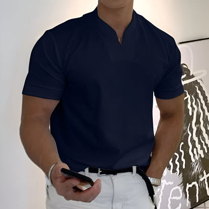 Herren Sport T-Shirt mit V-Ausschnitt und Stehkragen - marineblau
