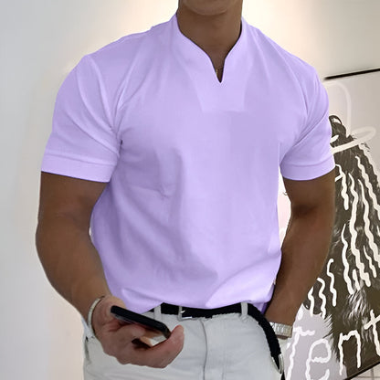 Herren Sport T-Shirt mit V-Ausschnitt und Stehkragen - lila