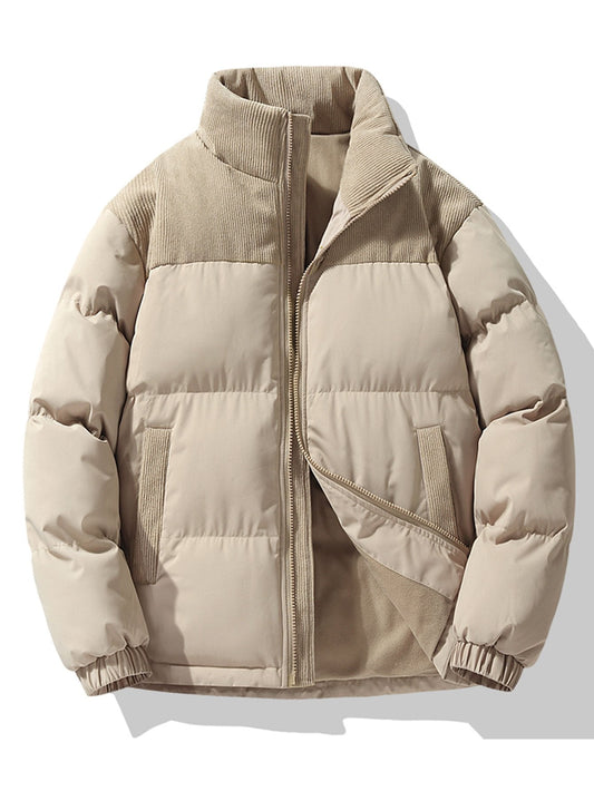 Herren Steppjacke mit Kordpaneelen und Stehkragen – Casual Winterjacke - Beige