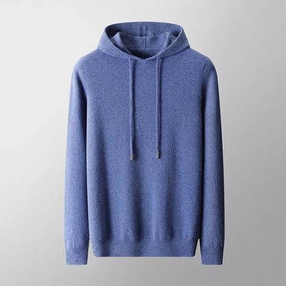 Herren Strickpullover Hoodie in blau, Feinstrick Kapuzenpullover