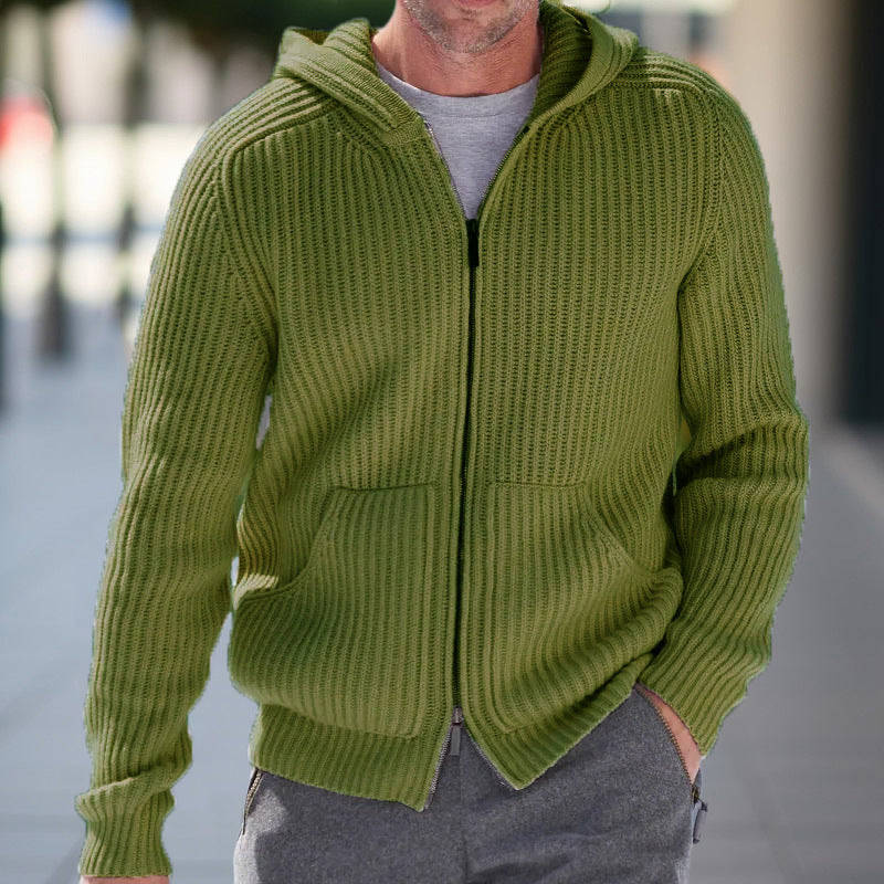 Herren Strickweste mit Kapuze - Casual Cardigan - Grün