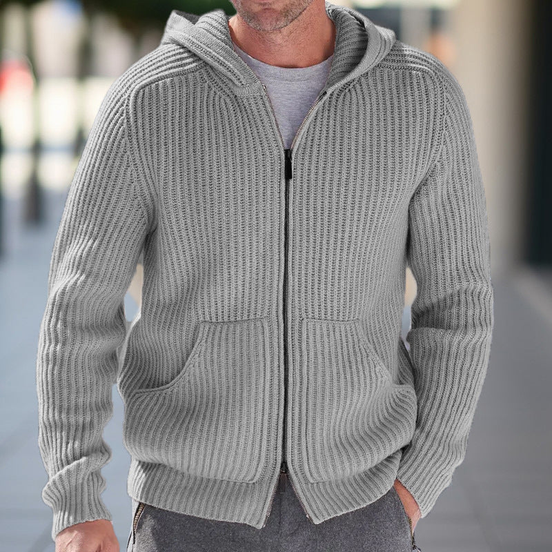 Herren Strickweste mit Kapuze - Casual Cardigan - Grau