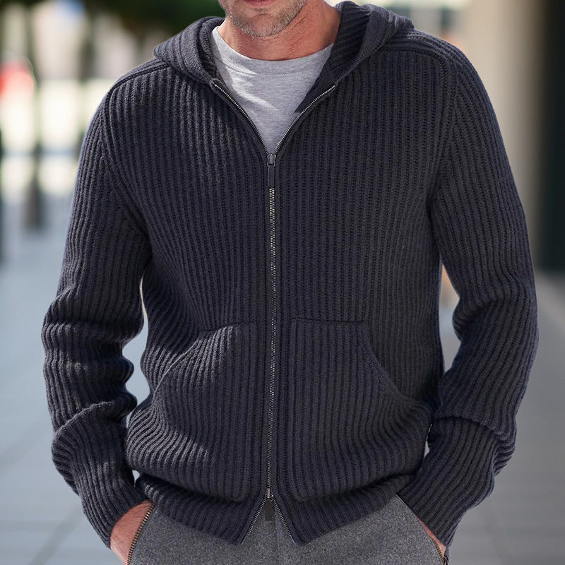 Herren Strickweste mit Kapuze - Casual Cardigan - Schwarz