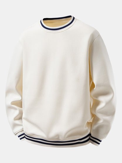 Herren Sweatshirt mit gestreiften Rippbündchen in beige, Entspannte Passform