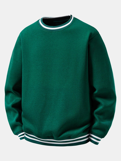 Herren Sweatshirt mit gestreiften Rippbündchen in dunkelgrün, Entspannte Passform