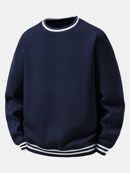 Herren Sweatshirt mit gestreiften Rippbündchen in marineblau, Entspannte Passform