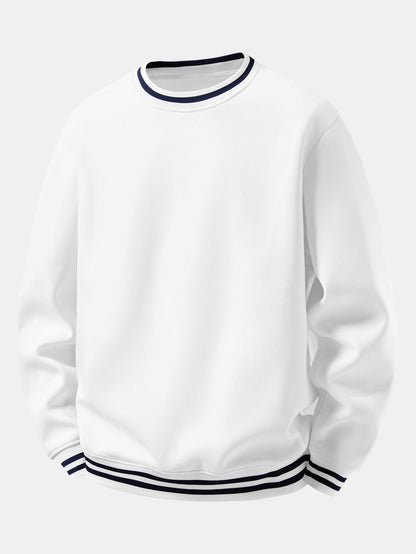 Herren Sweatshirt mit gestreiften Rippbündchen in weiß, Entspannte Passform