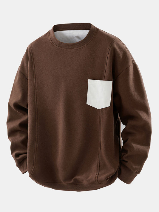Herren Sweatshirt mit Kontrastbrusttasche – Relaxed Fit Rundhals - Dunkelbraun