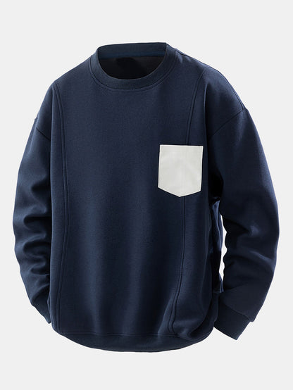 Herren Sweatshirt mit Kontrastbrusttasche – Relaxed Fit Rundhals - Marineblau
