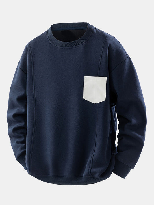 Herren Sweatshirt mit Kontrastbrusttasche – Relaxed Fit Rundhals - Marineblau