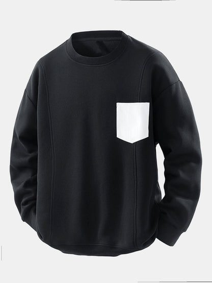 Herren Sweatshirt mit Kontrastbrusttasche – Relaxed Fit Rundhals - Schwarz