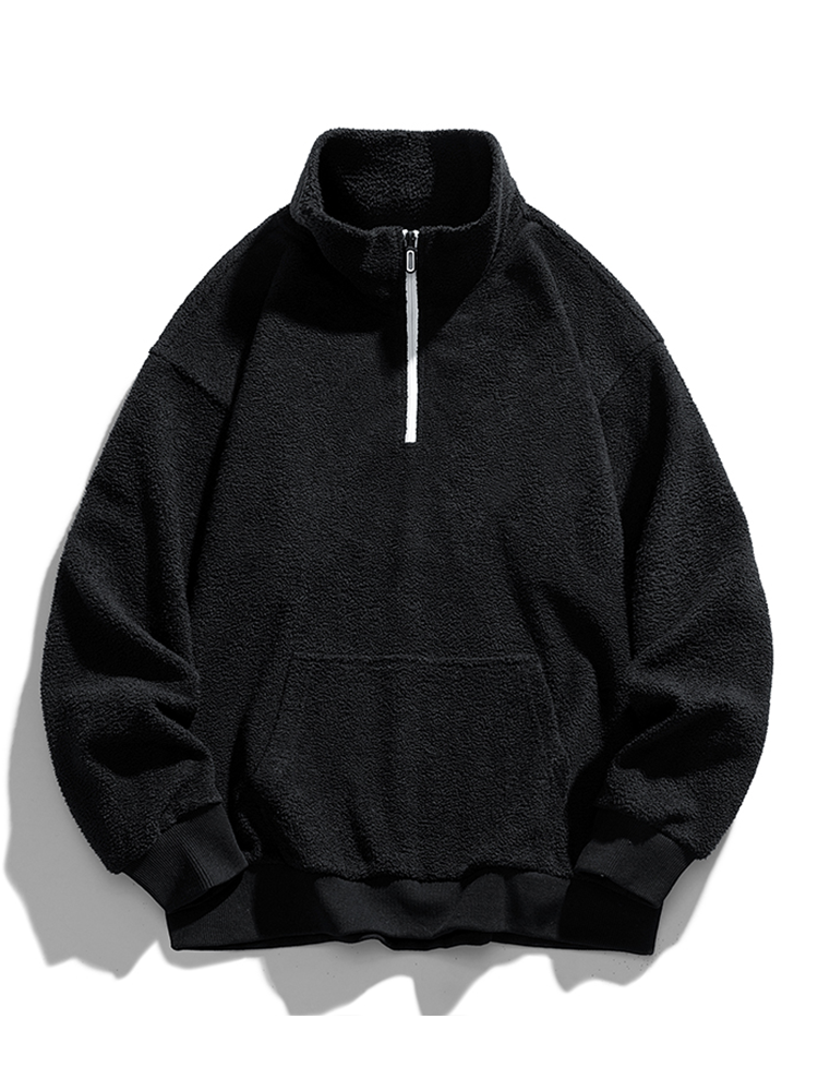 Herren Teddy Fleece Halbzip Sweatshirt – Entspannte Passform - Schwarz