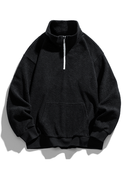 Herren Teddy Fleece Halbzip Sweatshirt – Entspannte Passform - Schwarz