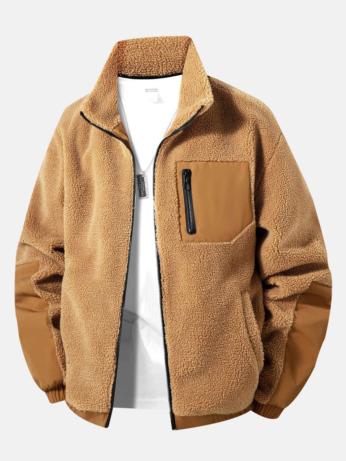 Herren Teddy Fleece Jacke mit Reißverschluss in braun, Warme Casual Jacke