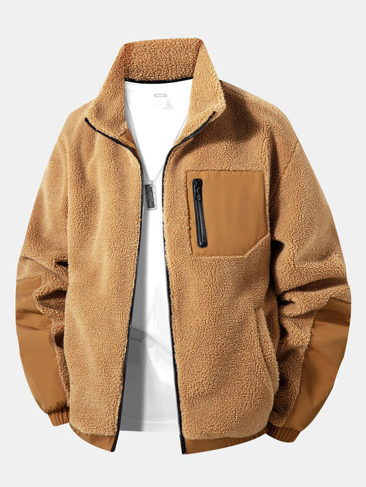 Herren Teddy Fleece Jacke mit Reißverschluss in braun, Warme Casual Jacke