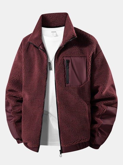 Herren Teddy Fleece Jacke mit Reißverschluss in weinrot, Warme Casual Jacke