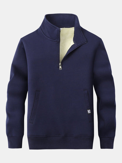 Herren Teddy-Fleece Troyer – Wärmender Baumwollmix mit Stehkragen - Marineblau