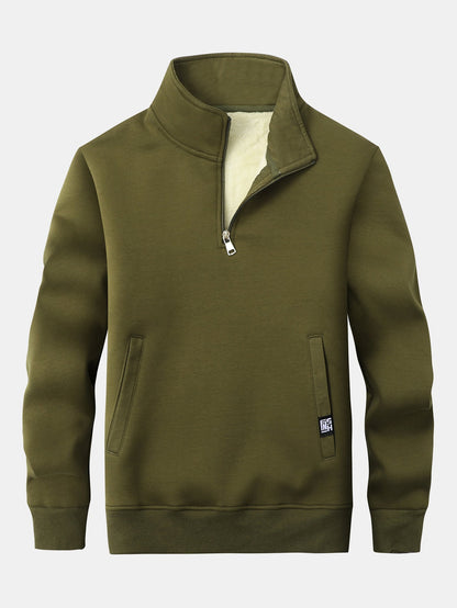 Herren Teddy-Fleece Troyer – Wärmender Baumwollmix mit Stehkragen - Olivgrün