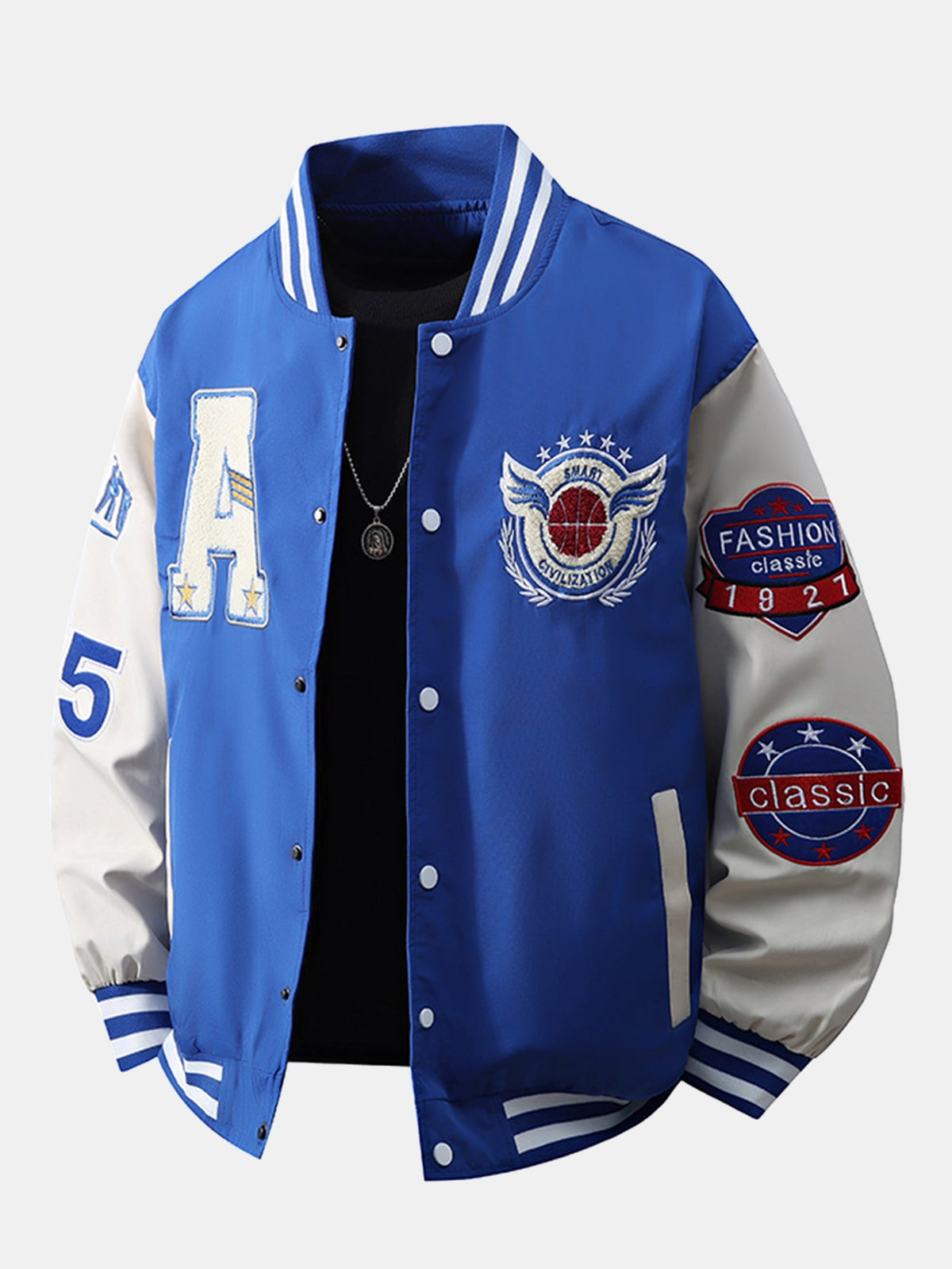 Herren Varsity Bomber Jacke mit Stickerei – Relaxed Fit Collegestyle - Blau