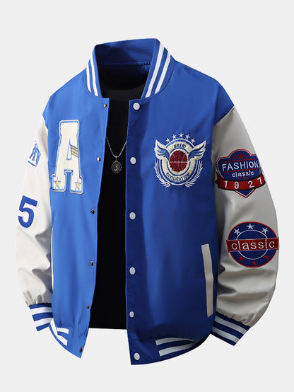Herren Varsity Bomber Jacke mit Stickerei – Relaxed Fit Collegestyle - Blau