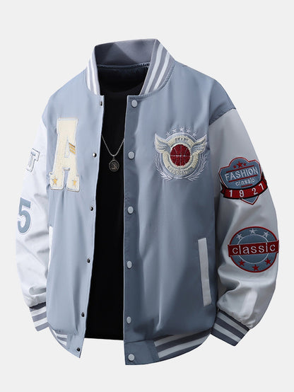 Herren Varsity Bomber Jacke mit Stickerei – Relaxed Fit Collegestyle - Hellblau