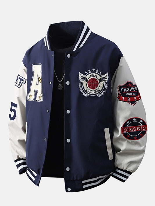 Herren Varsity Bomber Jacke mit Stickerei – Relaxed Fit Collegestyle - Marineblau