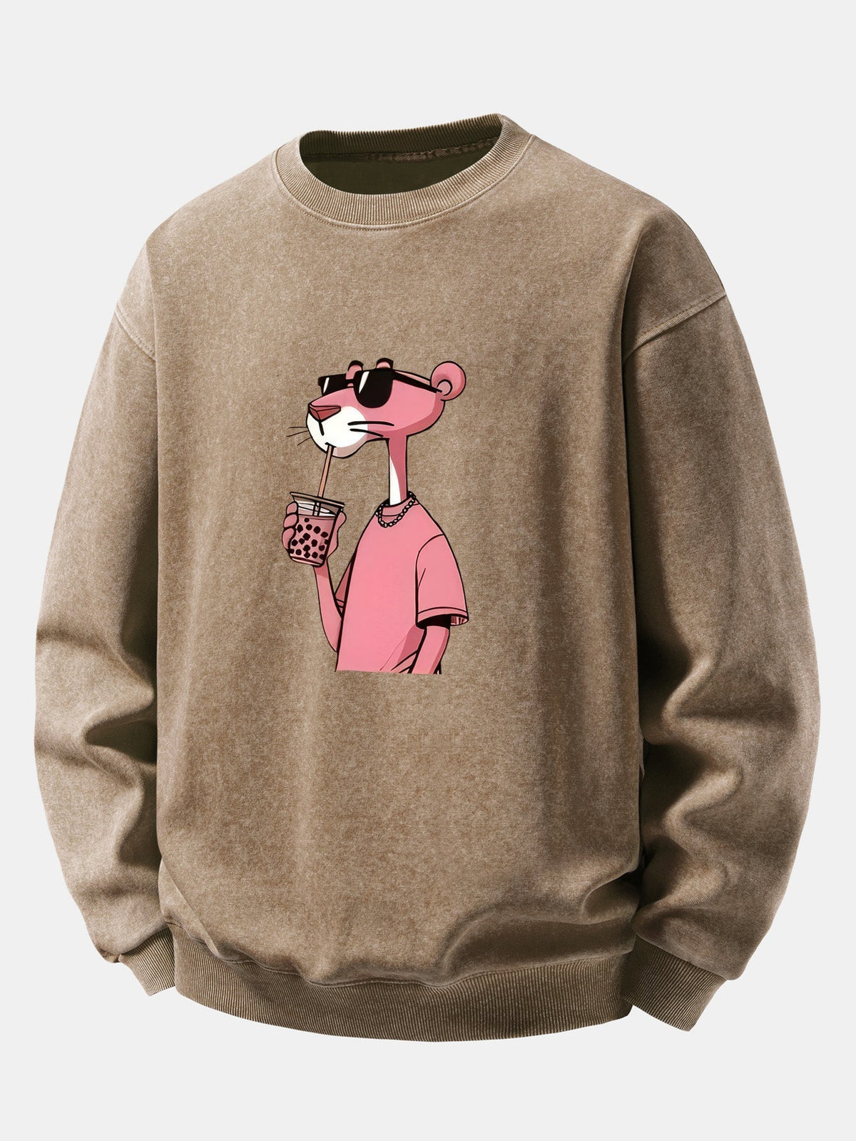Herren Vintage Washed Sweatshirt mit Pink Panther Grafik – Relaxed Fit - Braun