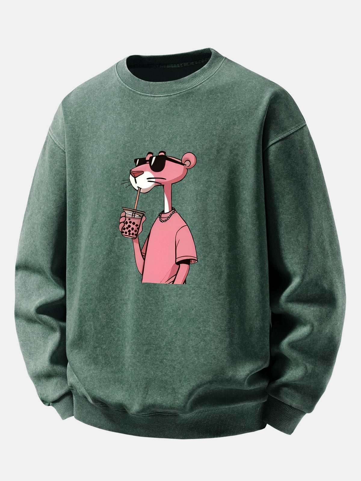 Herren Vintage Washed Sweatshirt mit Pink Panther Grafik – Relaxed Fit - Grün