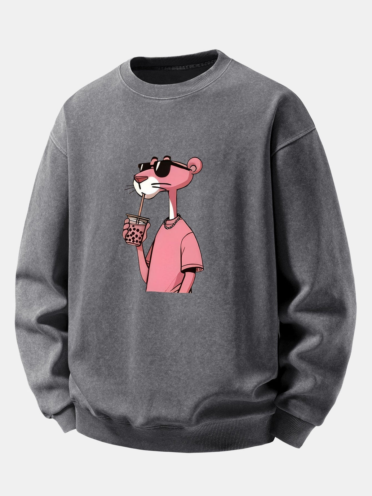 Herren Vintage Washed Sweatshirt mit Pink Panther Grafik – Relaxed Fit - Grau
