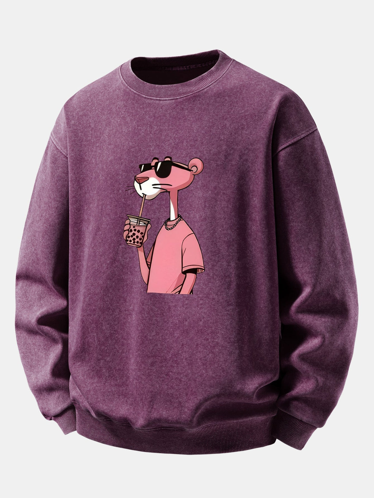 Herren Vintage Washed Sweatshirt mit Pink Panther Grafik – Relaxed Fit - Lila
