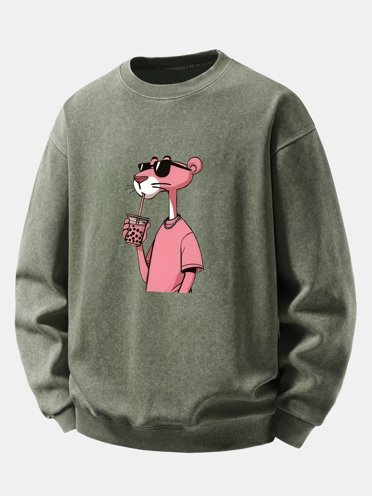 Herren Vintage Washed Sweatshirt mit Pink Panther Grafik – Relaxed Fit - Olivgrün