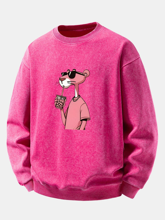 Herren Vintage Washed Sweatshirt mit Pink Panther Grafik – Relaxed Fit - Rosa