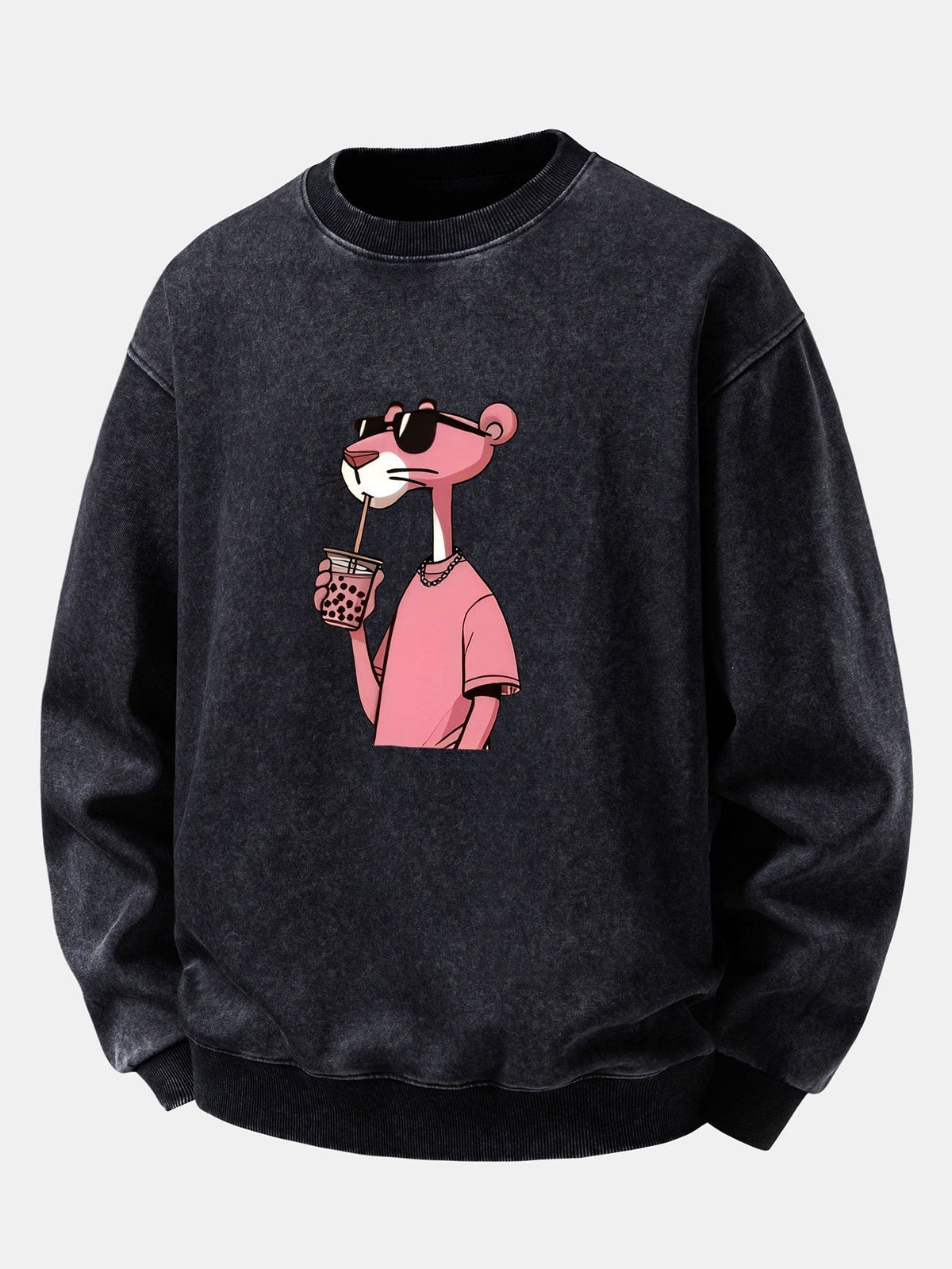 Herren Vintage Washed Sweatshirt mit Pink Panther Grafik – Relaxed Fit - Schwarz