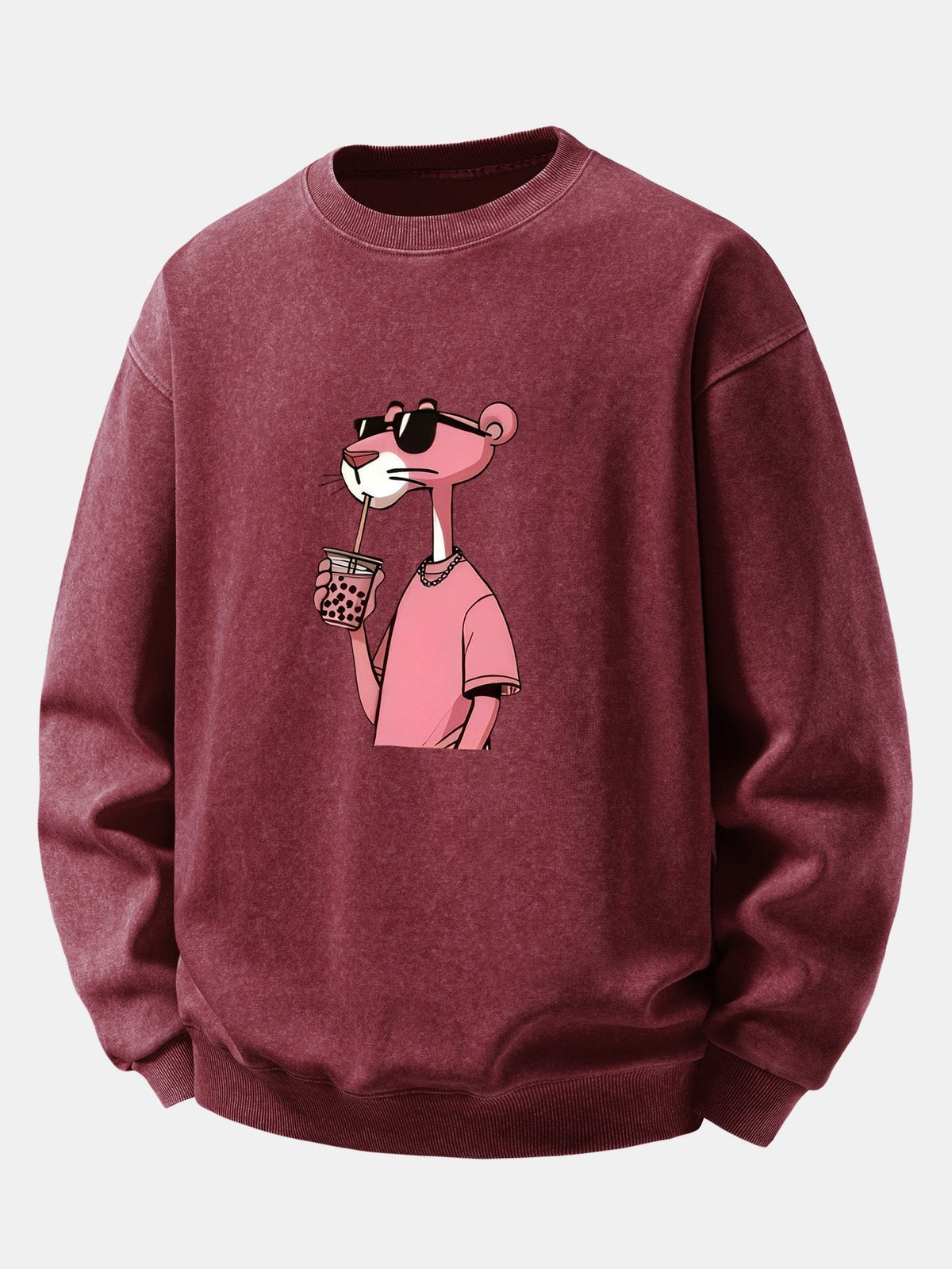 Herren Vintage Washed Sweatshirt mit Pink Panther Grafik – Relaxed Fit - Weinrot