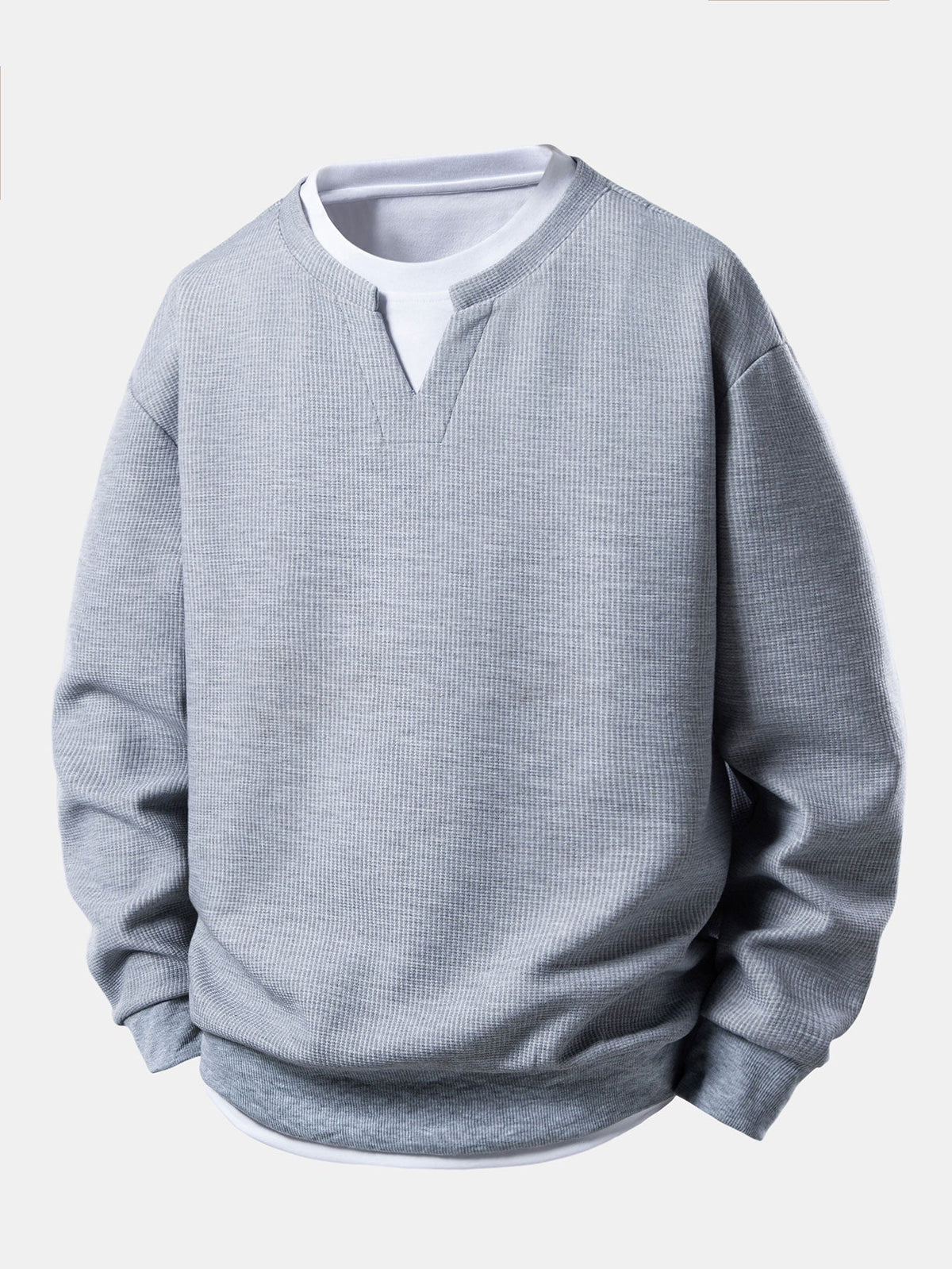 Herren Waffel-Struktur Sweatshirt in grau, Entspannte Passform mit Kontrastkr