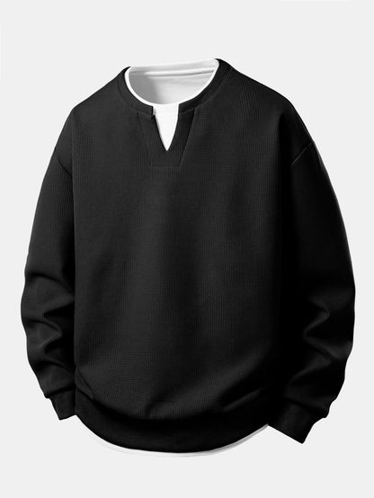 Herren Waffel-Struktur Sweatshirt in schwarz, Entspannte Passform mit Kontrastkr