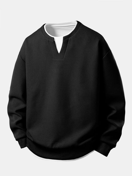 Herren Waffel-Struktur Sweatshirt in schwarz, Entspannte Passform mit Kontrastkr