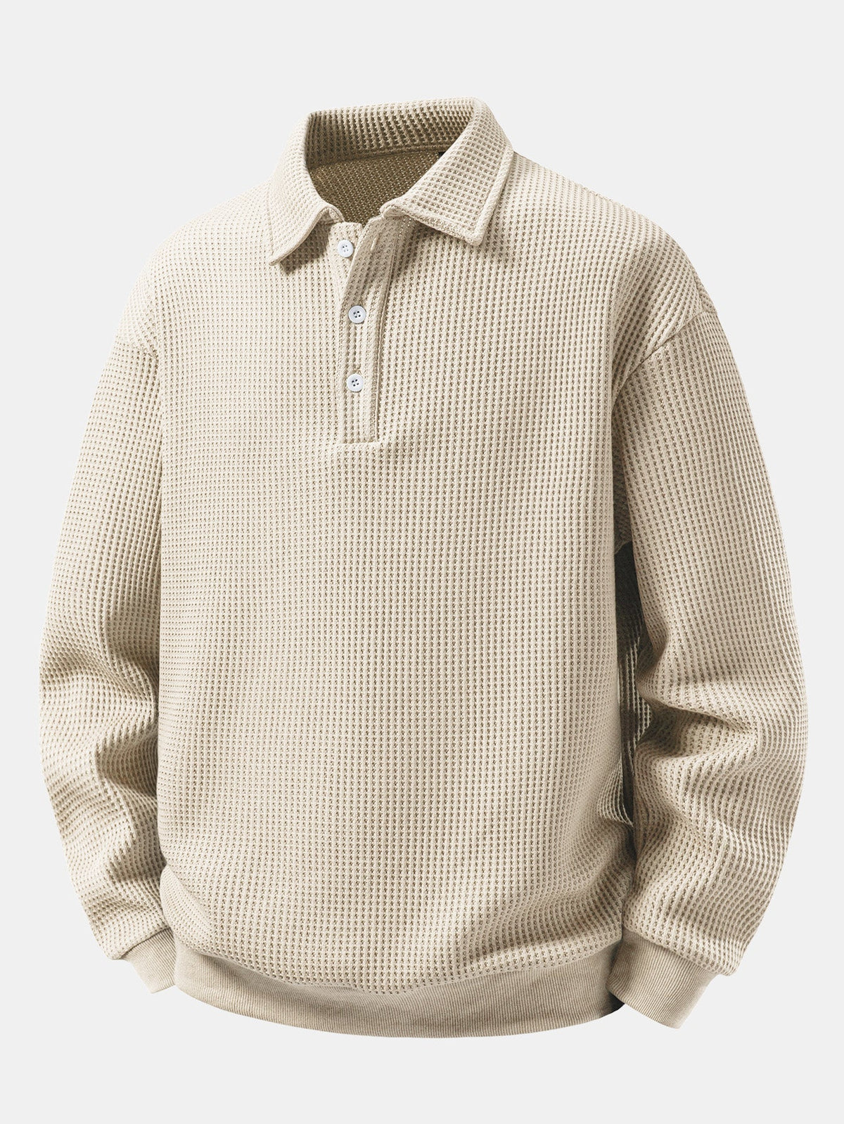 Herren Waffelpiqué Poloshirt mit Knopfkragen – Relaxed Fit Langarm - Beige