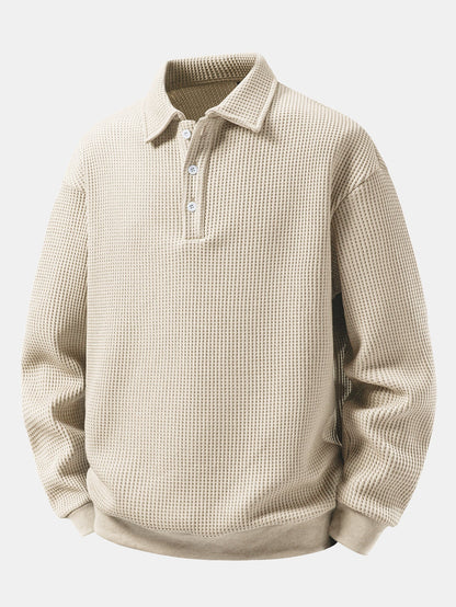 Herren Waffelpiqué Poloshirt mit Knopfkragen – Relaxed Fit Langarm - Beige