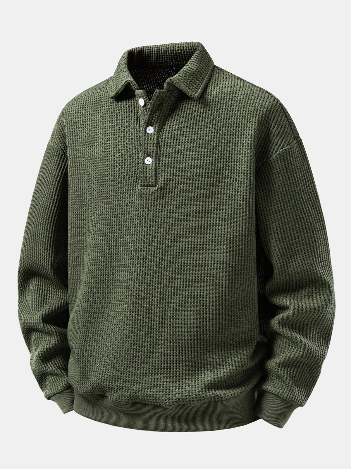 Herren Waffelpiqué Poloshirt mit Knopfkragen – Relaxed Fit Langarm - Dunkelgrün