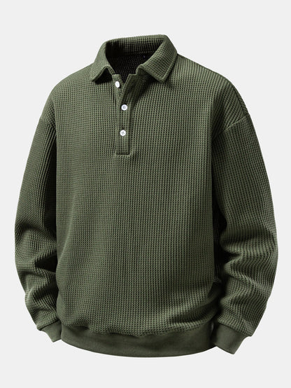 Herren Waffelpiqué Poloshirt mit Knopfkragen – Relaxed Fit Langarm - Dunkelgrün
