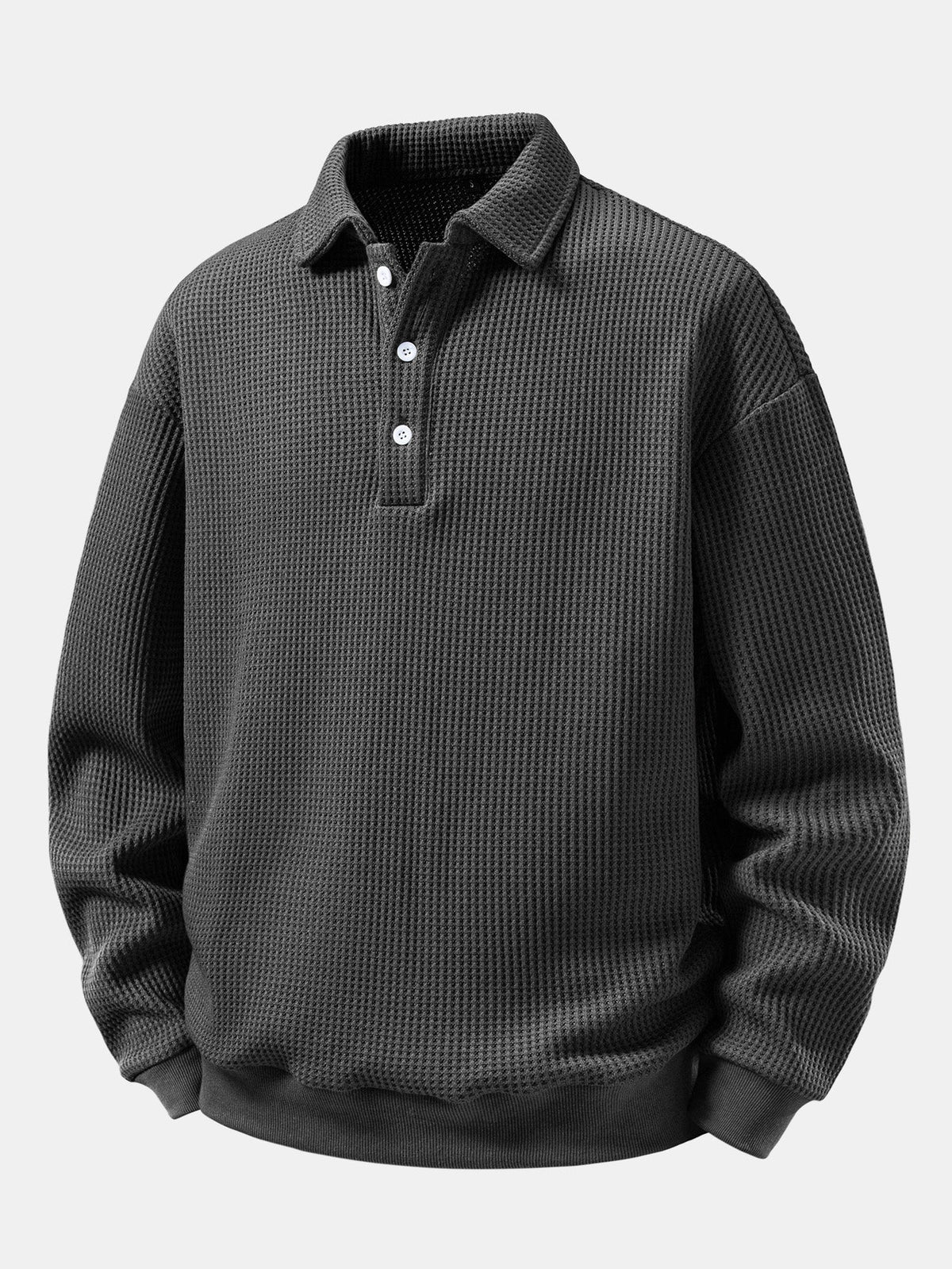 Herren Waffelpiqué Poloshirt mit Knopfkragen – Relaxed Fit Langarm - Grau